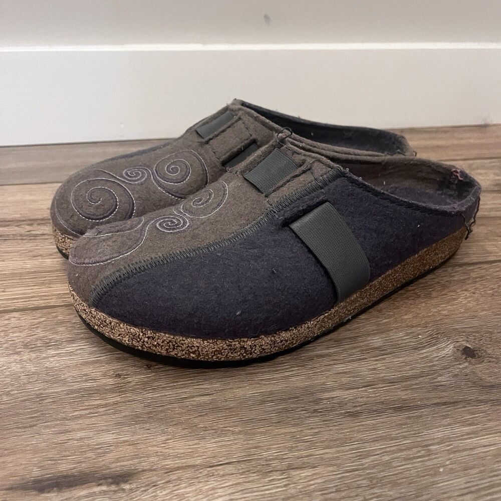 Haflinger Magic Wool Felt Clogs Slippers Black Gray Slip On Women's Sz 41 Swirl